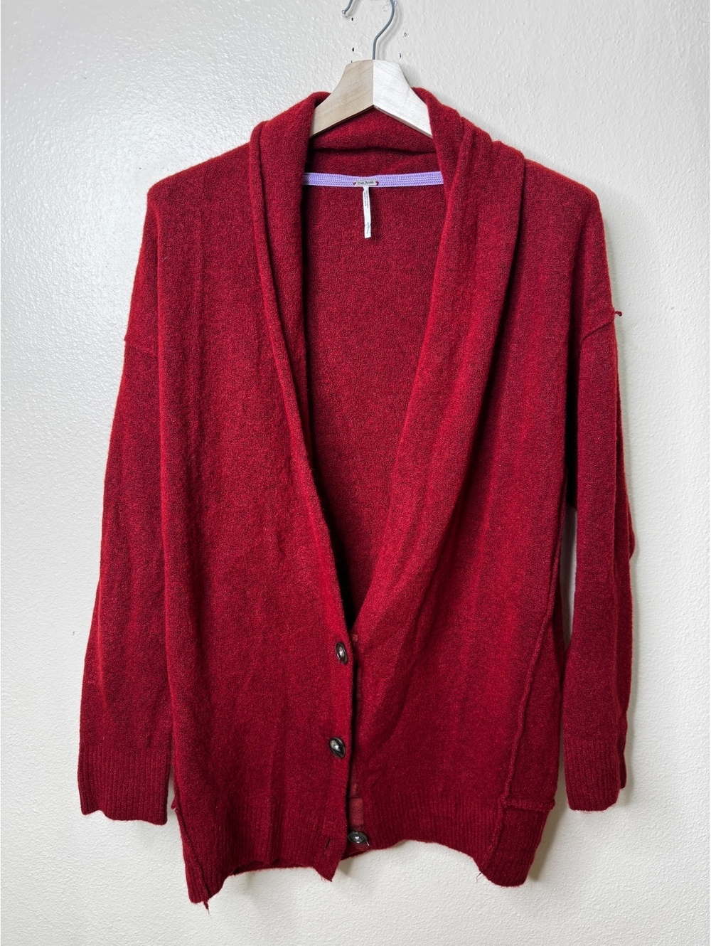 Free People Women’s Small Red Wool Blend Shawl Collar Button Cardigan Sweater